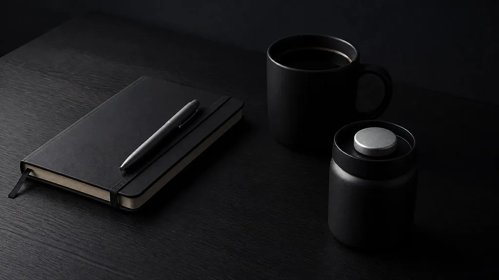 A notebook, a cup of coffee and a canister on a dark desk