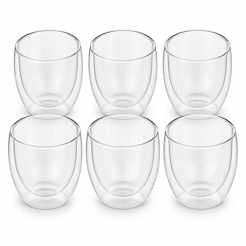 Double Wall Borosilicate Glass Cups, Set of Six, top three-quarter angle