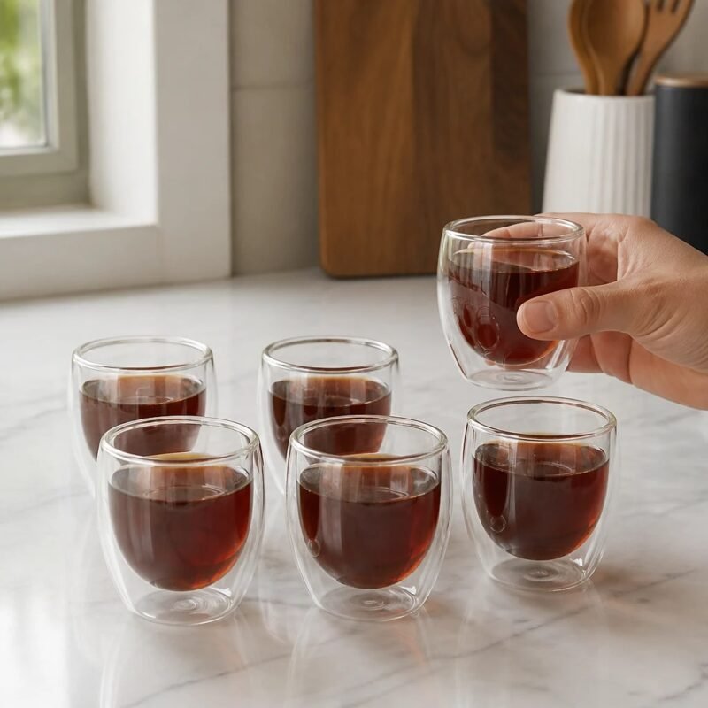 Double Wall Borosilicate Glass Cups, Set of Six, in use