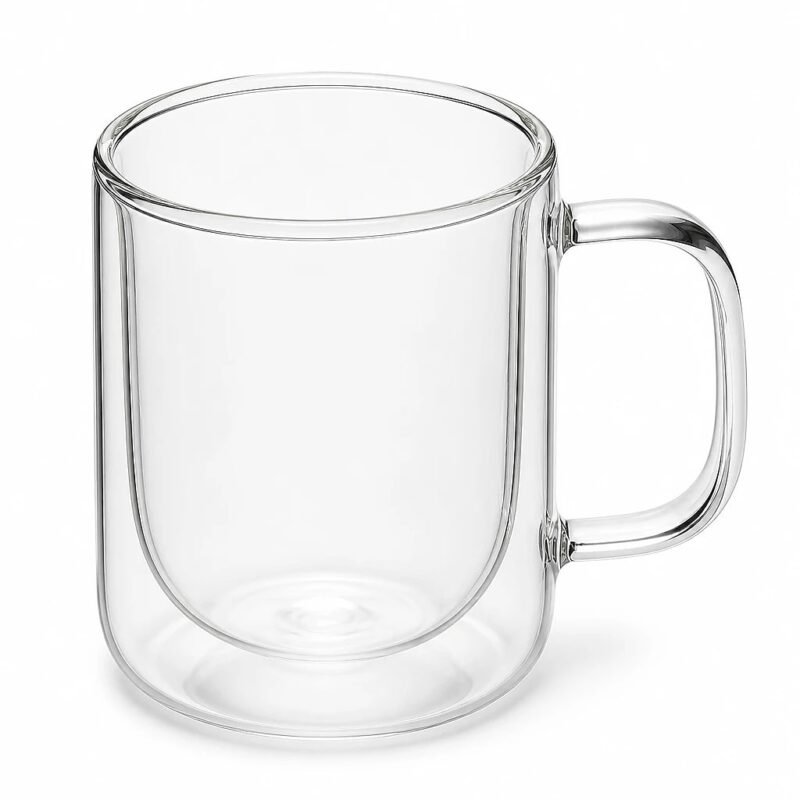 Double Wall Glass Mug with Handle, top three-quarter angle