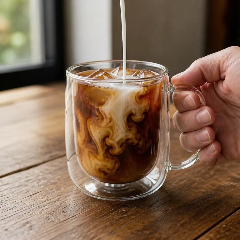 Double Wall Glass Mug with Handle, in use