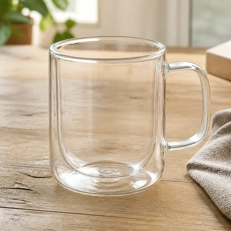 Double Wall Glass Mug with Handle, at rest