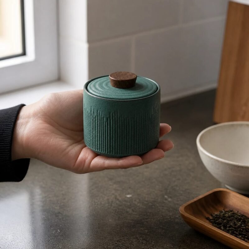 Fluted Ceramic Tea Caddy, in use