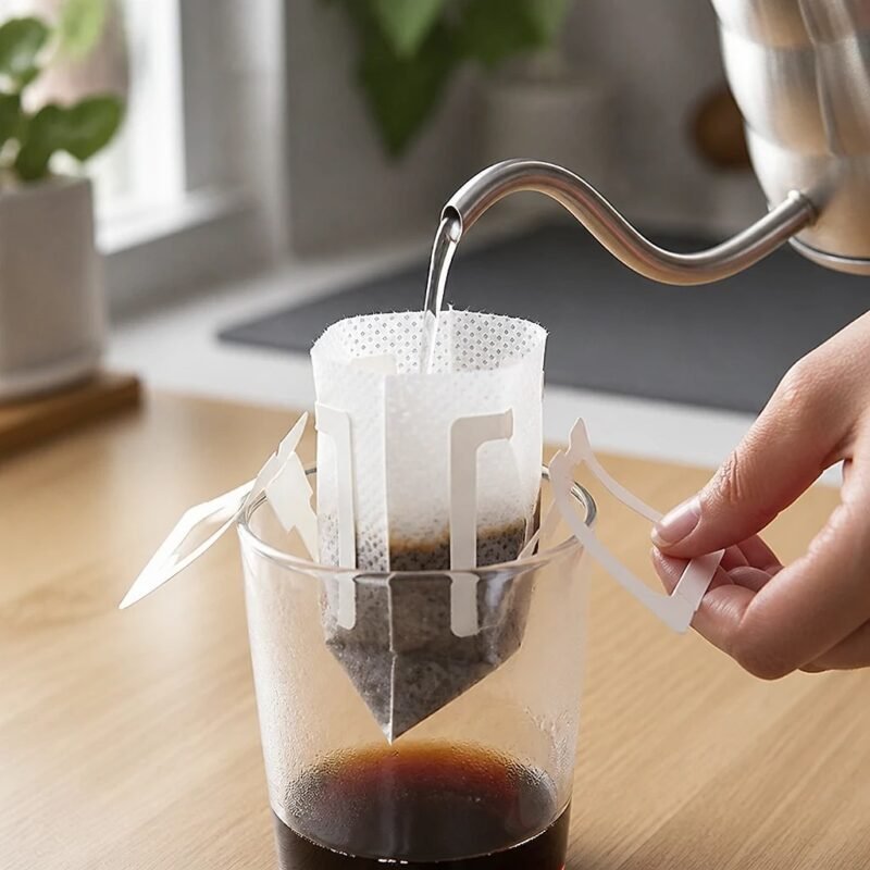Hanging Ear Drip Coffee Bags, 50 Pack, in use