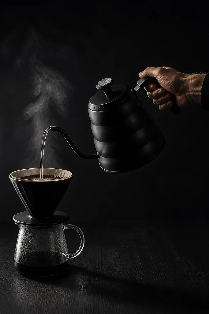 Pouring from a matte black gooseneck kettle into a dripper