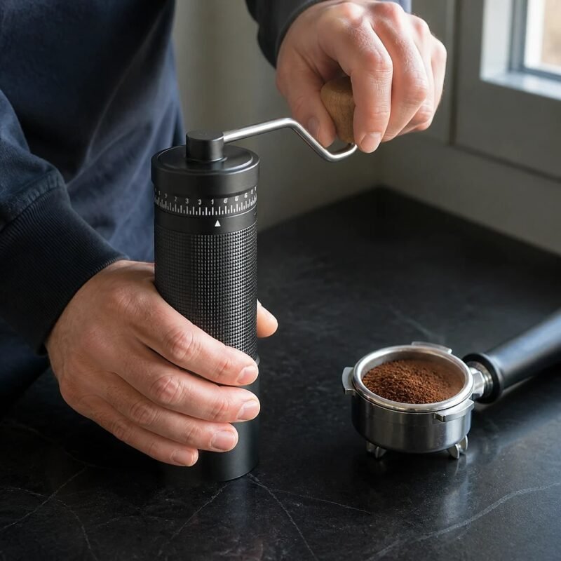 Manual Burr Coffee Grinder, 38 mm, in use