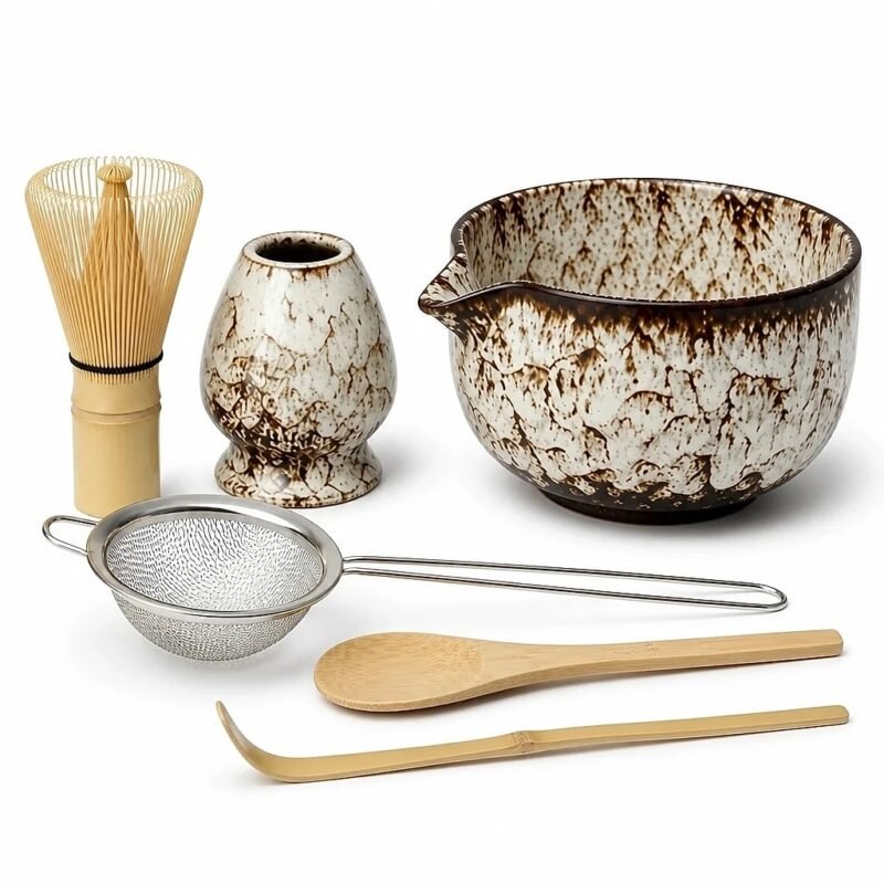 Matcha Whisk and Bowl Set, Six Pieces, top three-quarter angle
