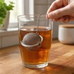 Mesh Tea Infuser Ball with Chain — in use Mesh Tea Infuser Ball with Chain, in use