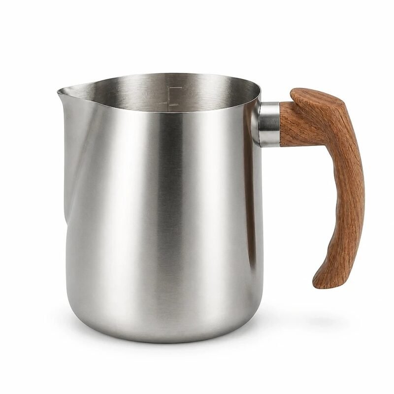 Milk Frothing Pitcher with Wood-Effect Handle, side angle