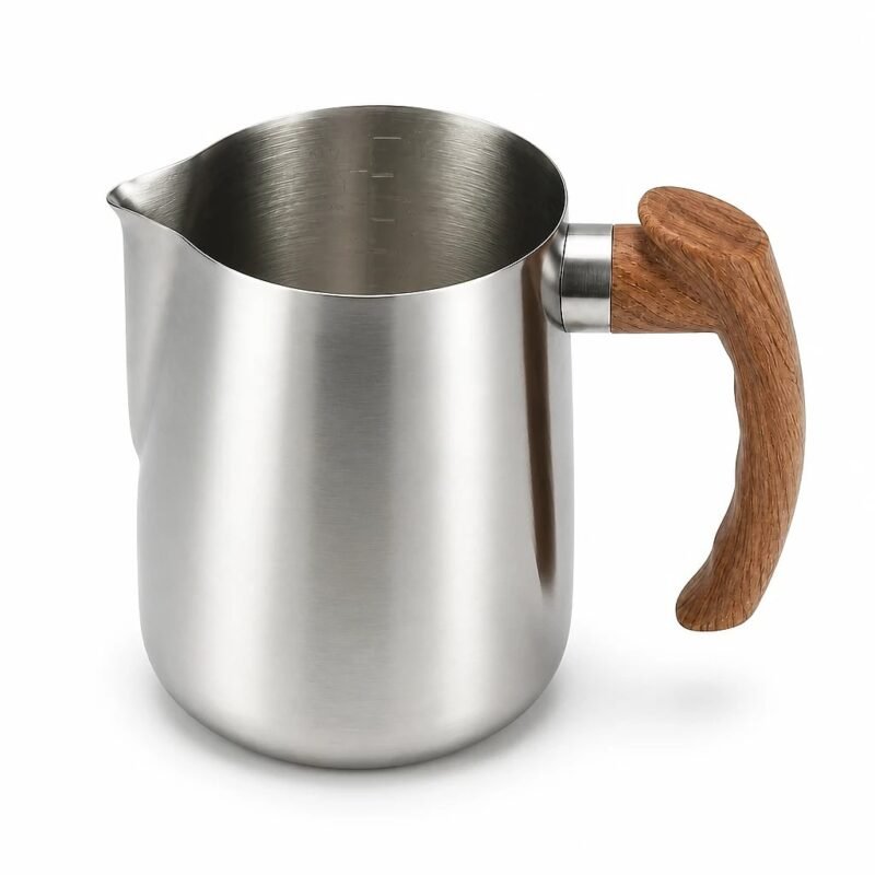 Milk Frothing Pitcher with Wood-Effect Handle, top three-quarter angle