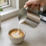 Milk Frothing Pitcher with Wood-Effect Handle — in use Milk Frothing Pitcher with Wood-Effect Handle, in use