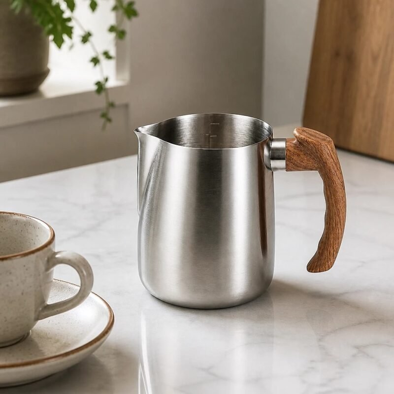 Milk Frothing Pitcher with Wood-Effect Handle, in a kitchen setting