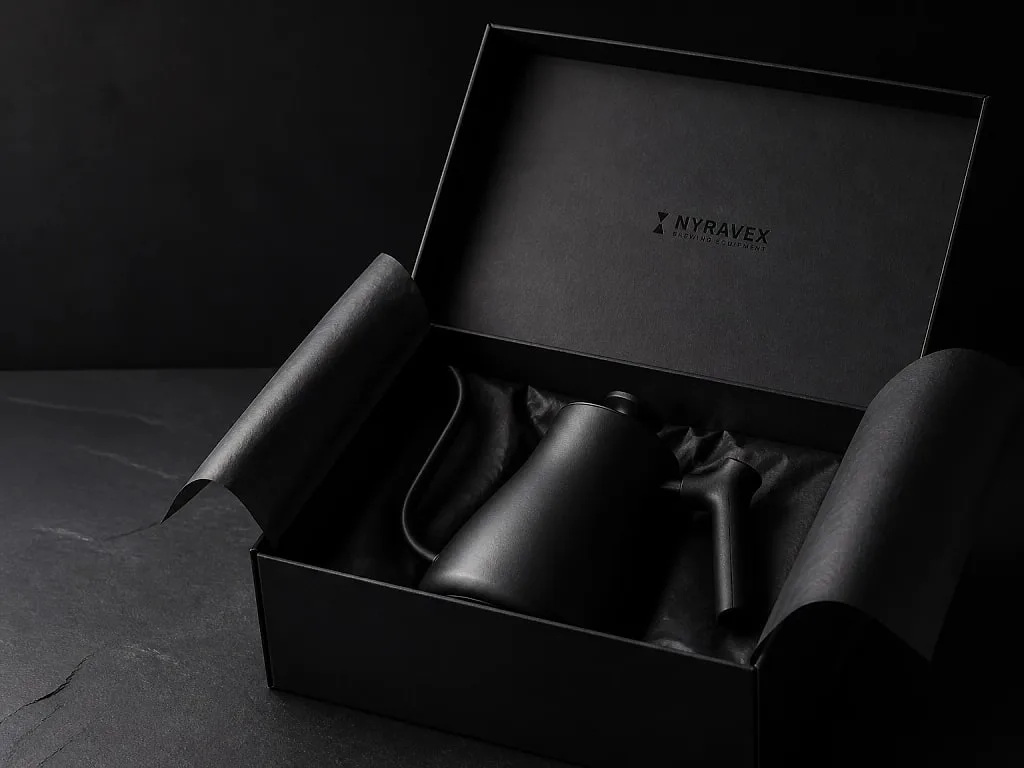 A black NYRAVEX box open, with a kettle wrapped in black paper