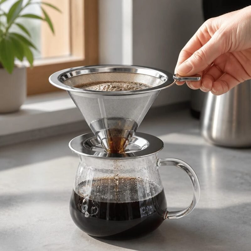 Reusable Stainless Steel Cone Coffee Filter, in use