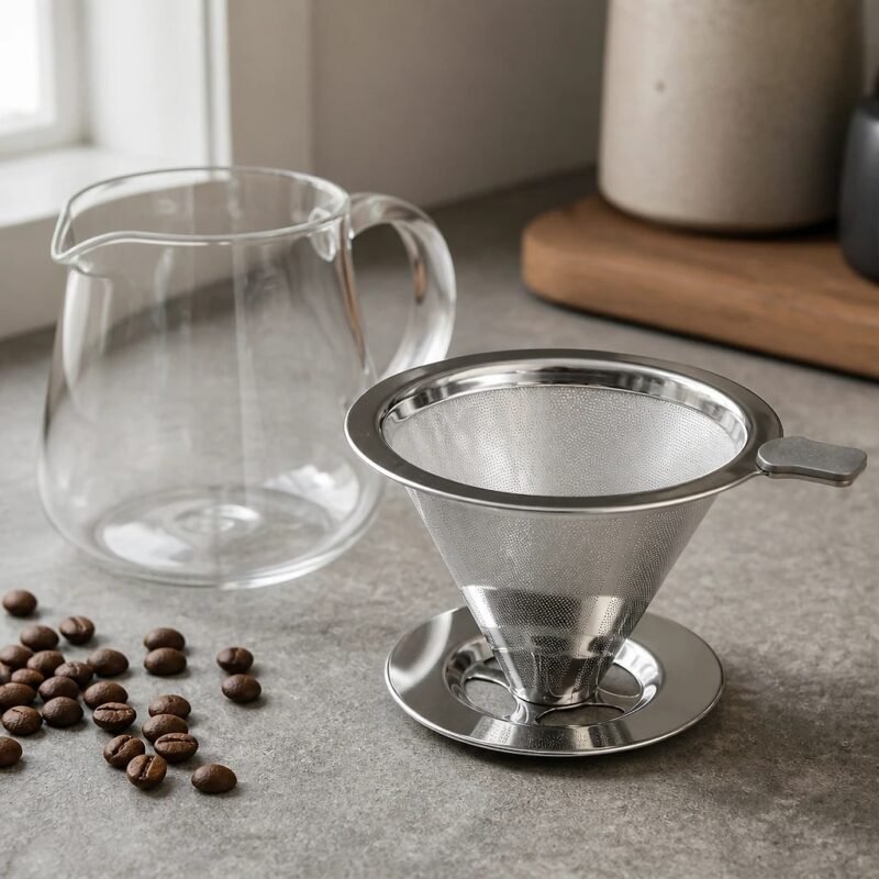 Reusable Stainless Steel Cone Coffee Filter, in a kitchen setting