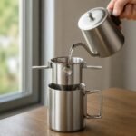 Stainless Hanging Ear Coffee Funnel, in use