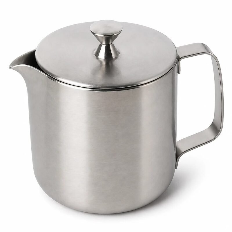 Stainless Steel Milk Pitcher with Lid, top three-quarter angle
