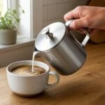 Stainless Steel Milk Pitcher with Lid, in use