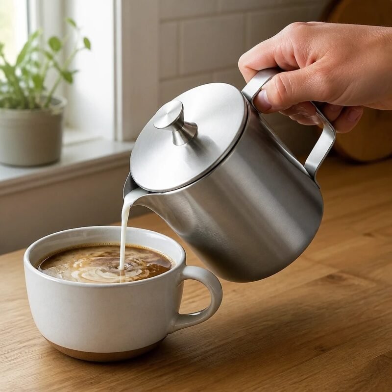 Stainless Steel Milk Pitcher with Lid, in use