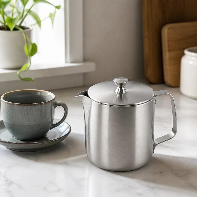 Stainless Steel Milk Pitcher with Lid, in a kitchen setting