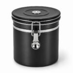 Stainless Steel Coffee Canister with One-Way Valve — top three-quarter angle Stainless Steel Coffee Canister with One-Way Valve, top three-quarter angle