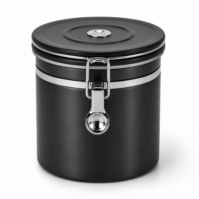 Stainless Steel Coffee Canister with One-Way Valve, top three-quarter angle