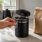 Stainless Steel Coffee Canister with One-Way Valve — in use Stainless Steel Coffee Canister with One-Way Valve, in use