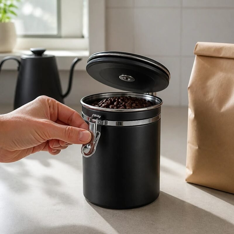 Stainless Steel Coffee Canister with One-Way Valve, in use