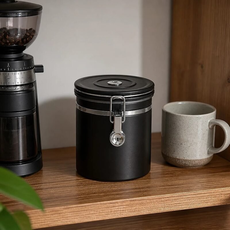 Stainless Steel Coffee Canister with One-Way Valve, in a kitchen setting