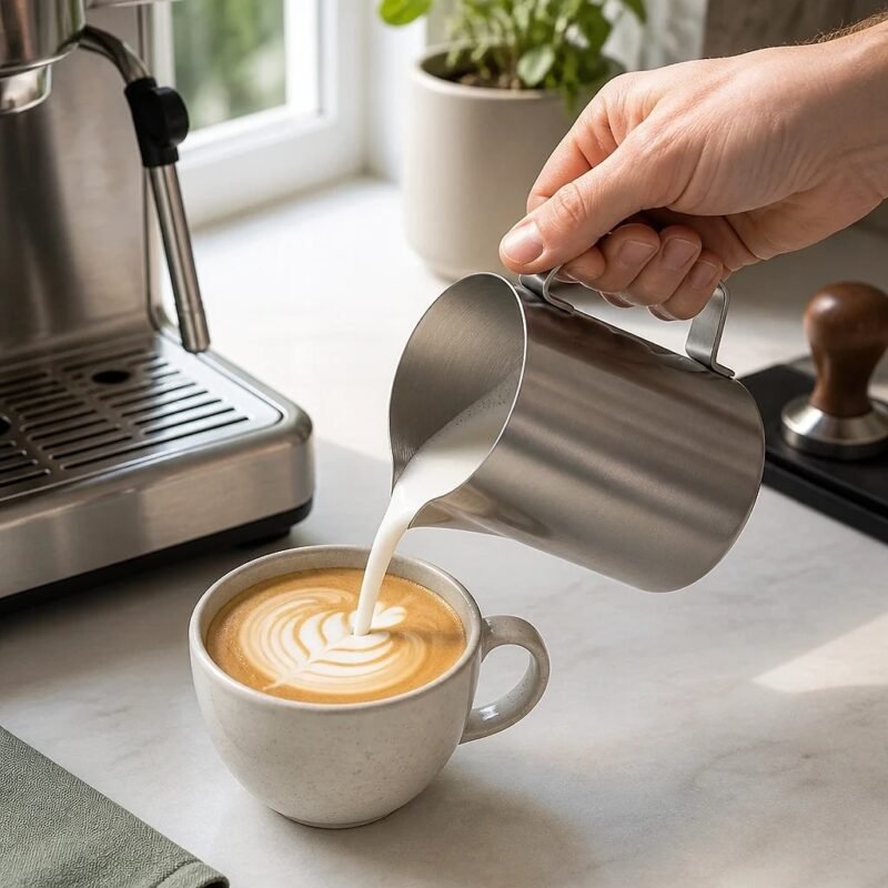 Stainless Steel Milk Frothing Jug, in use