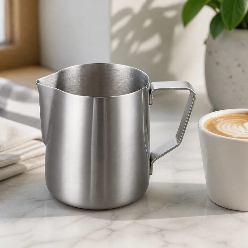 Stainless Steel Milk Frothing Jug, in a kitchen setting
