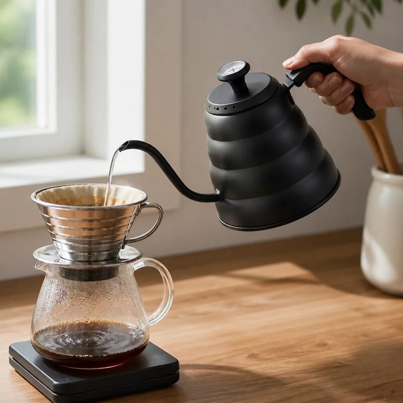 Stainless Steel Pour Over Kettle with Lid Thermometer, in use, pouring into a dripper