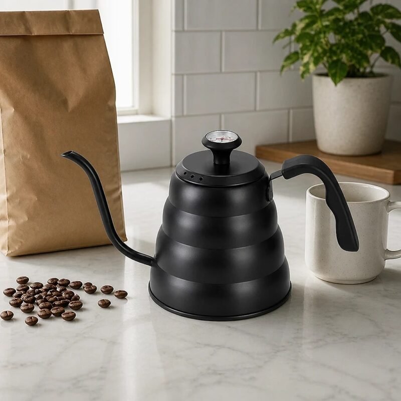 Stainless Steel Pour Over Kettle with Lid Thermometer, on a kitchen counter