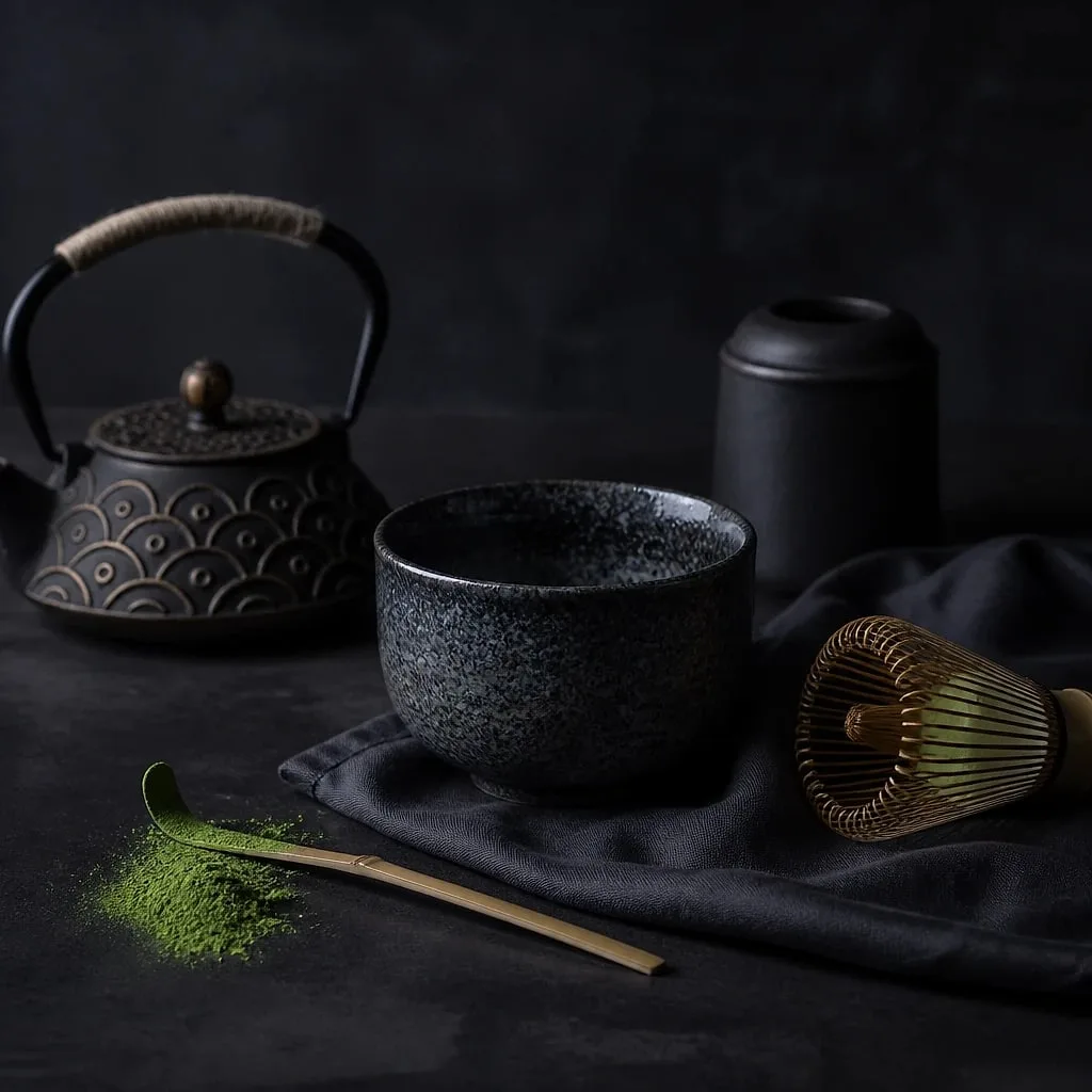 Whisking matcha in a dark bowl