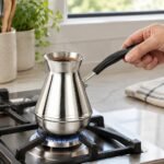 Stainless Steel Moka Pot, 650ml, in use Stainless Steel Turkish Coffee Pot, 650ml